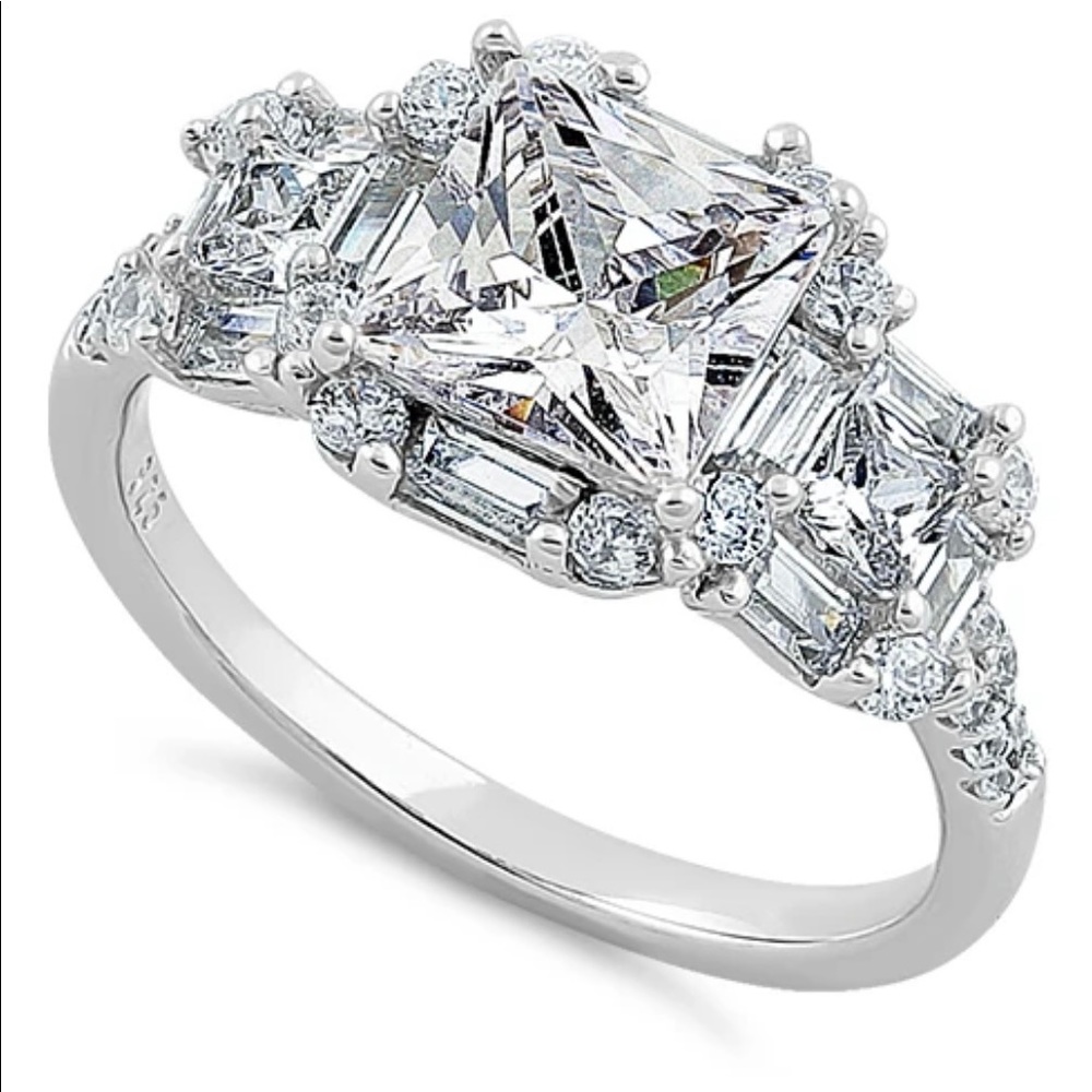 Sterling Silver Classic Princess, Emerald & Round Cut Clear CZ Ring